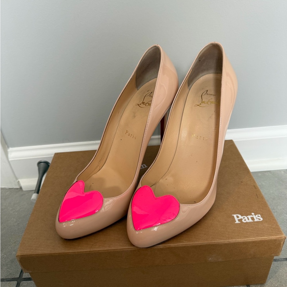 Christian Louboutin Beige Heels with Neon Pink Heart